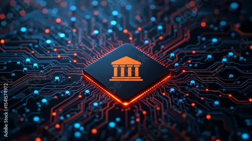 Digital Bank Icon on Illuminated Circuit Board Glowing Orange and Blue Technology Fintech finance 1