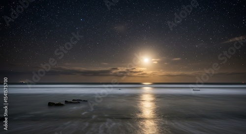 Night Seascape: Moonlit Ocean with Starry Sky and Rocks