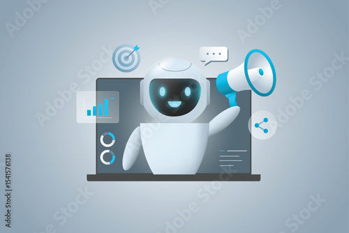 AI Marketing Strategy and Social Media Automation. Artificial intelligence tool for digital marketing content creation, SEO, statistics. AI Helping Marketing Team Concept Vector.