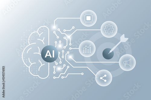 AI-Driven Marketing abstract concept. AI analyzing marketing data. AI Strategy and Social Media Automation. Artificial intelligence tool for digital marketing content creation, SEO, statistics.