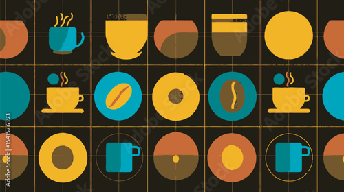 Coffee icons depict hot beverages in stylized flat design pattern backdrop