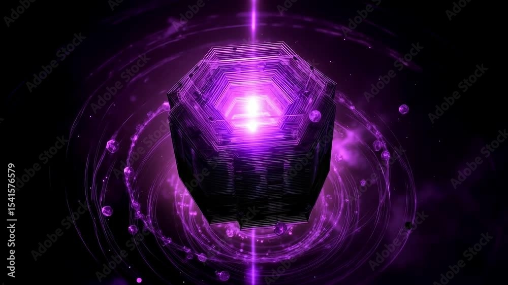 A purple and black background with a hexagonal structure in the middle