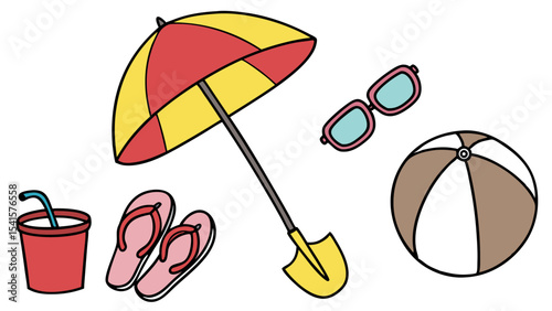 Illustration of beach themed items including umbrella, drink, flip flops, sunglasses and beach ball