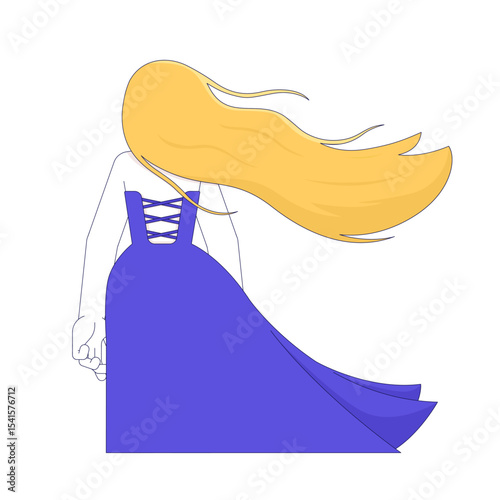 Windswept hair blonde woman in flowing dress back view 2D cartoon character. European girl in windy romantic contemplation flat vector faceless person isolated on white. Spot illustration colorful