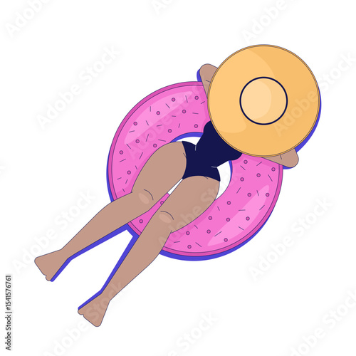 Black woman relaxing on donut float top view 2D cartoon character. Swimwear girl floating on inflatable doughnut ring flat vector faceless person isolated on white. Spot illustration colorful