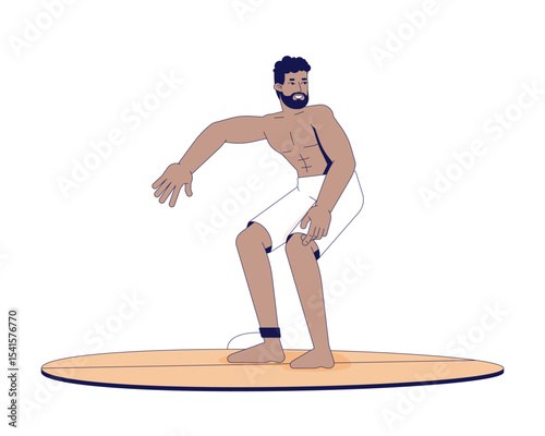 African american man surfing on board 2D cartoon character. Water sport. Muscular bearded black male surfer standing on surfboard flat vector person isolated on white. Spot illustration colorful