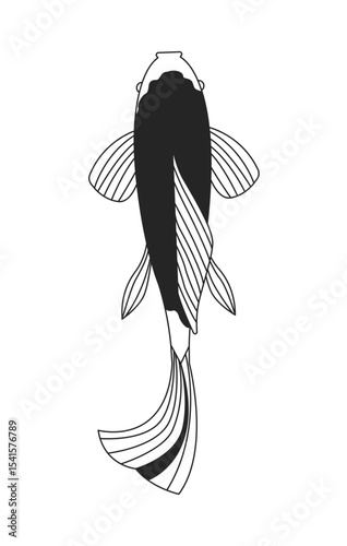Decorative koi fish top view 2D line character. Asian motif. Aquatic animal. Ornamental Japanese fish. Fancy carp from above isolated vector ink outline animal. Monochromatic spot illustration