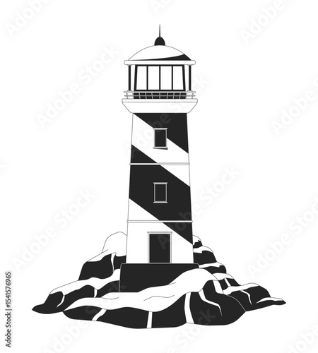 Lighthouse on rocky coast 2D line object. Seaside beacon cliff rocks. Beach safety. Marine signal. Shore light. Nautical landmark isolated clipart vector ink outline item. Monochrome spot illustration