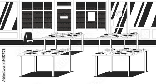 Empty bookstore interior with display tables line illustration backdrop. Publishing, library. Retail bookshop exterior, bookcrossing books 2D ink outline monochrome background. Lineart vector