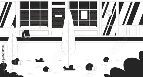 Bookstore storefront with grassy landscape and trees line illustration backdrop. Peaceful outdoor of bookshop exterior sidewalk retail facade 2D ink outline monochrome background. Lineart vector