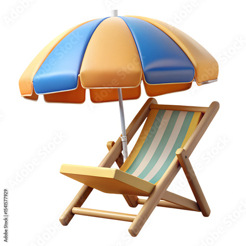 beach umbrella and chair 3d rendering isolated on transparent background. Cartoon plastic style icon