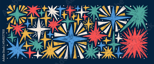 Hand drawn sparks stars set. Space shine colorful crayon shapes and blings pack. Comets and blinking on night sky. Vector illustration by pencil isolated on dark background.