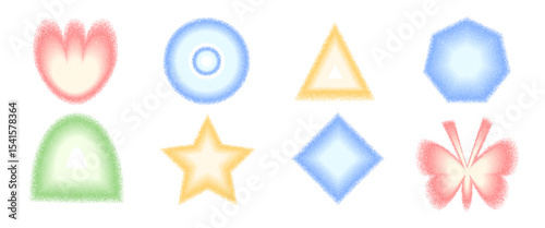 Grain color noise gradient geometric shape set. Y2k arch, triangle and circle with flower forms. Color butterfly and star icons with grainy texture isolated on white background. Vector illustration.
