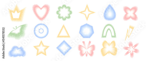 Grain color noise gradient geometric shape set. Y2k retro heart, drop and crown with flower forms. Colorful butterfly and star icons on white background. Vector stippling illustration.