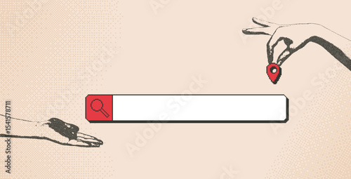Travel collage with photocopy hands with pixel art elements. Human arms palm holding location map pin and search bar. Vector tourism bitmap scrapbook and 8bit mixed media banner illustration.