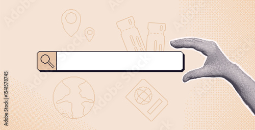 Travel ticket find collage with halftone hand with pixel art elements. Human arms palm holding search bar. Vector tourism bitmap scrapbook and 8bit mixed media banner illustration.