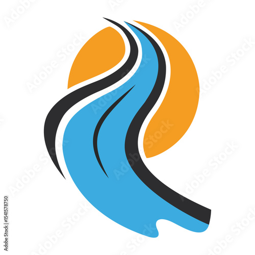 Abstract river flow with orange sun, a dynamic blue waterway curving against a bright sun, ideal for environmental, water, and nature-themed logos