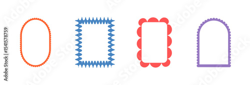Retro funky frames. Set of fun kid borders with scallop wavy edges. Text boxes and callout templates for invitation. Vector abstract doodles cadres isolated on white background.