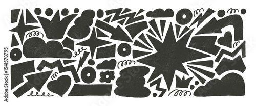 Abstract geometric shapes linocut drawn set. Stars, crown, arrows and vector figures by marker. Organic linocut squiggles stickers doodle isolated on white background. Graphic grunge elements.