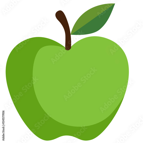 Green apple fruit illustration with leaf and smooth skin. Ideal for organic, healthy, fresh, diet plan, and vitamin-rich food designs.

