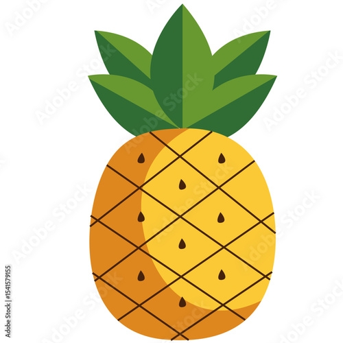 Tropical pineapple fruit illustration with yellow patterned skin and spiky green leaves. Great for summer, dessert, and healthy food designs.

