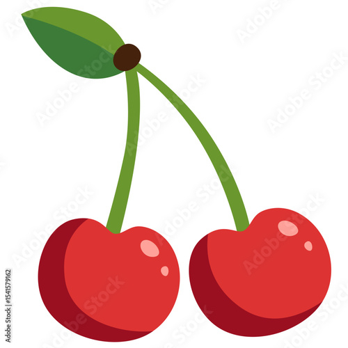 Bright red cherry fruit illustration with green stem. Ideal for dessert, sweet, fresh, organic, and summer food vector graphic projects.

