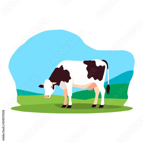 Vector illustration of a Holstein Friesian cow grazing in a green meadow. Ideal for agricultural, livestock, dairy, and rural design themes.