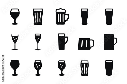 Stylish Black Beer and Wine Glass Vector Icon Set for Bar and Celebration Design Projects