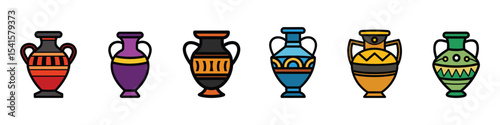 Ancient vase icon in flat vector style depicting antique ceramic pottery, traditional Greek or Roman artifact, archaeology illustration for history, museum, and cultural heritage themes