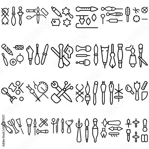 Collection of various outline style tools and implements arranged in a grid like pattern format image