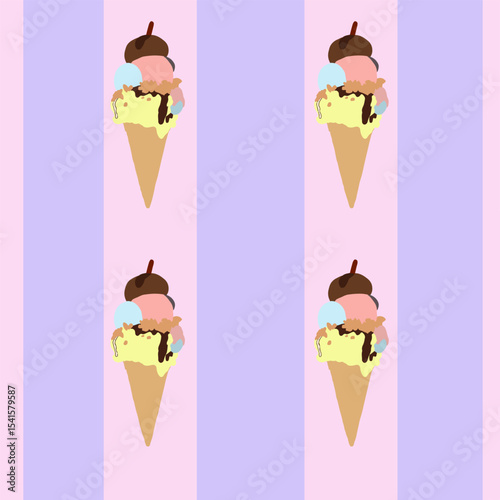 Seamless pattern of vibrant ice cream cones with scoops of different colors on pastel stripes.