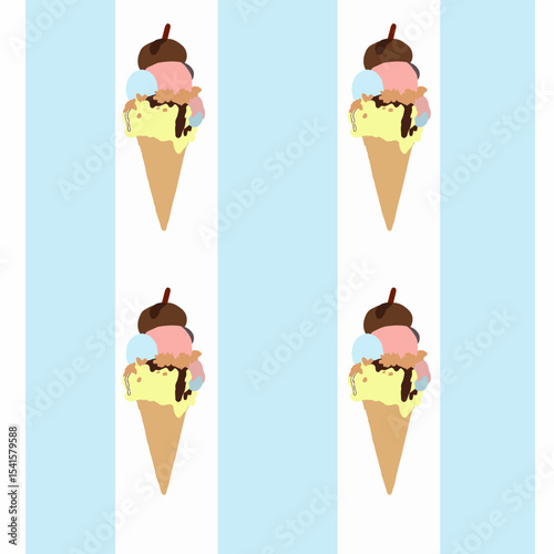 Seamless pattern of vibrant ice cream cones with scoops of different colors on pastel stripes.