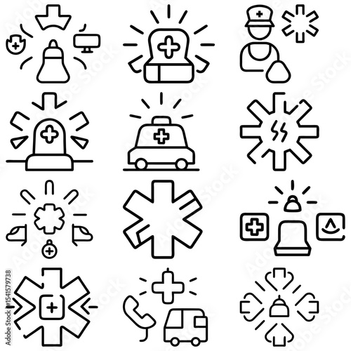 Collection of emergency medical service icons featuring ambulance and star of life symbols and personnel