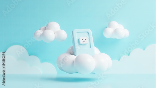 Cute Phone Character On Fluffy Clouds