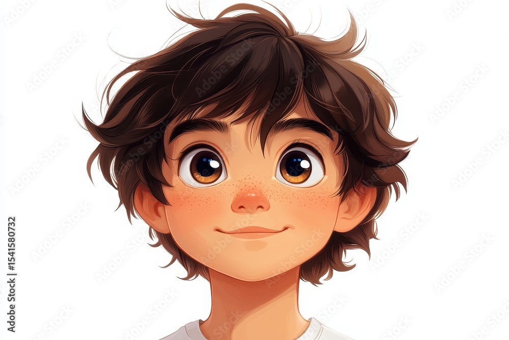 Young boy with curly hair smiling brightly in a cheerful portrait Young boy with curly hair smiling brightly in a cheerful portrait