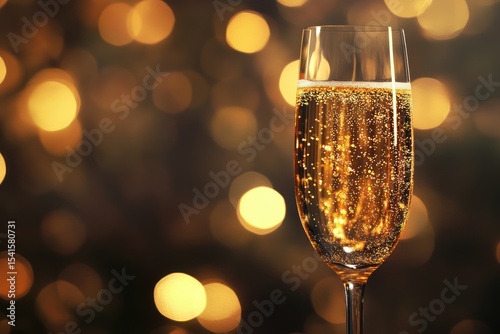 Champagne glass catching golden sparkles, festive bokeh in background photo