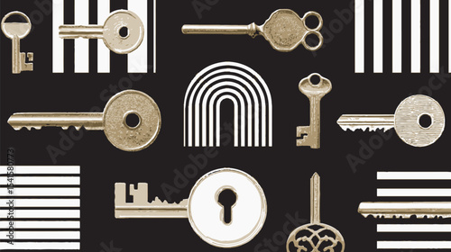 Assorted golden keys unlock concept amid contrasting stripes against dark space