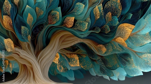 Abstract Teal and Gold Tree Artwork. Nature Inspired Design.