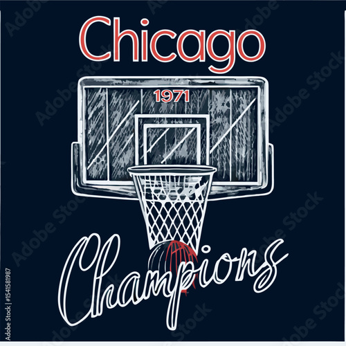 Basketball hoop vector illustration on blue background with retro design elements