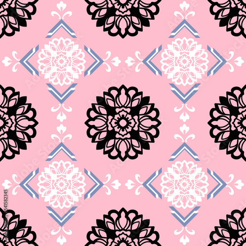 A bold and modern interpretation of Thai mandala patterns in black and white, contrasted against a soft pink background. Ideal for fashion, stationery, fabric prints, and youthful packaging designs.