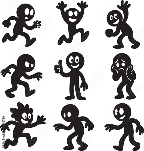 Animated Cartoon Character Silhouette Set – Vector Collection of Funny and Expressive Figures on White Background