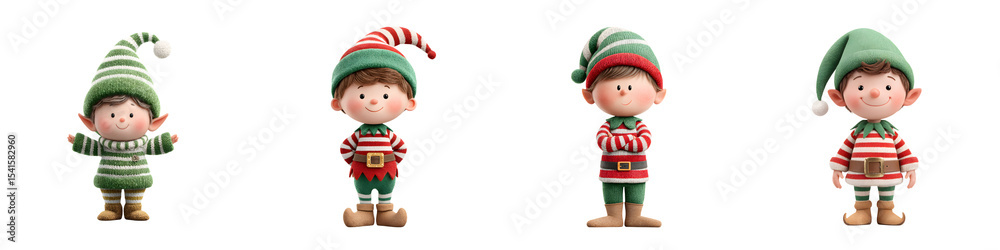 Cheerful Christmas elf characters in festive outfits Cheerful Christmas elf characters in festive outfits