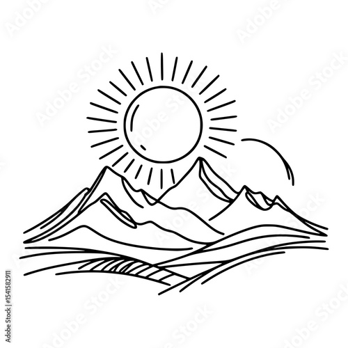 Line art sun over mountain range landscape