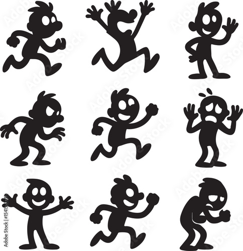 Animated Cartoon Character Silhouette Set – Vector Collection of Funny and Expressive Figures on White Background