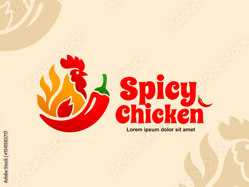 Spicy chicken logo has a simple traditional feel with images of chicken, fire and large cayenne peppers