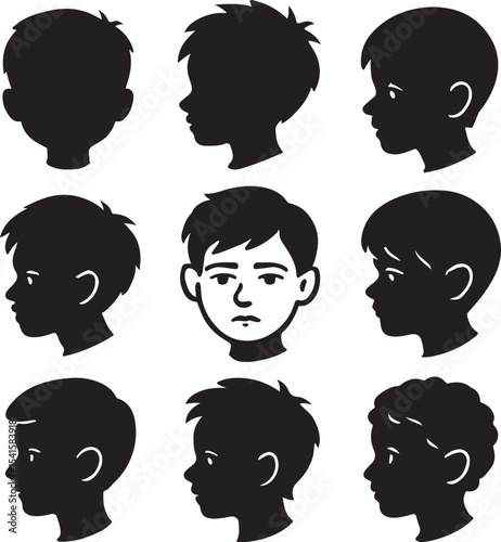 Child Boy Face Silhouette Vector Set – Profile and Front View Head Illustrations on White Background