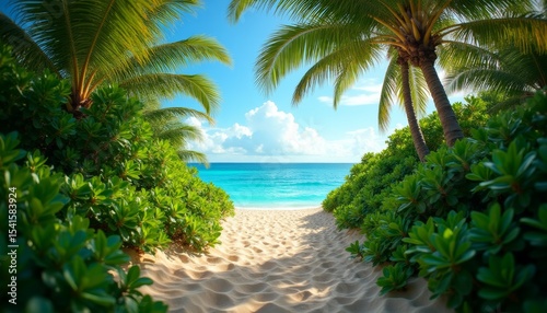 Tropical beach pathway leading through vibrant greenery and palm trees toward a turquoise ocean under a bright sky. Perfect for travel agencies, vacation ads, and summer destination content.