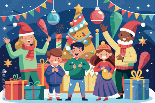 Holiday celebration with joyful children and adults in festive attire in front of a decorated Christmas tree