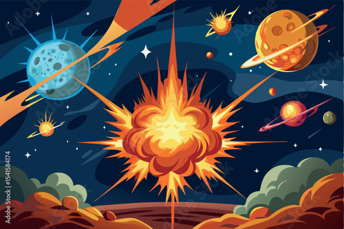 Fire explosion in outer space with planets and stars at night