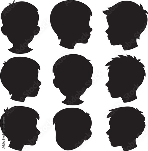 Child Boy Face Silhouette Vector Set – Profile and Front View Head Illustrations on White Background